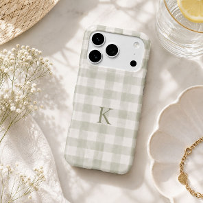 Custom Soft Sage Gingham Heirloom Monogram iPhone 17 Pro Case