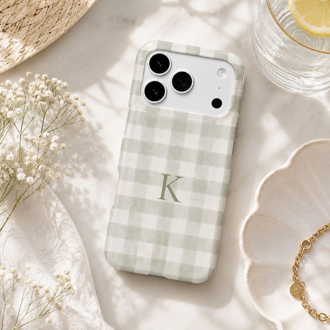 Custom Soft Sage Gingham Heirloom Monogram iPhone Case (Personalized sage green gingham phone case with custom initial and timeless heirloom-inspired plaid )