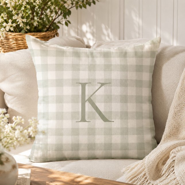 Custom Soft Sage Gingham Heirloom Monogram Throw Pillow (Creator Uploaded)