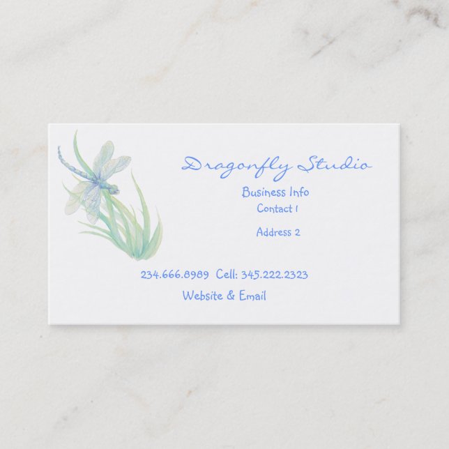 Custom Soft Watercolor Blue Green Dragonfly Busine Business Card (Front)