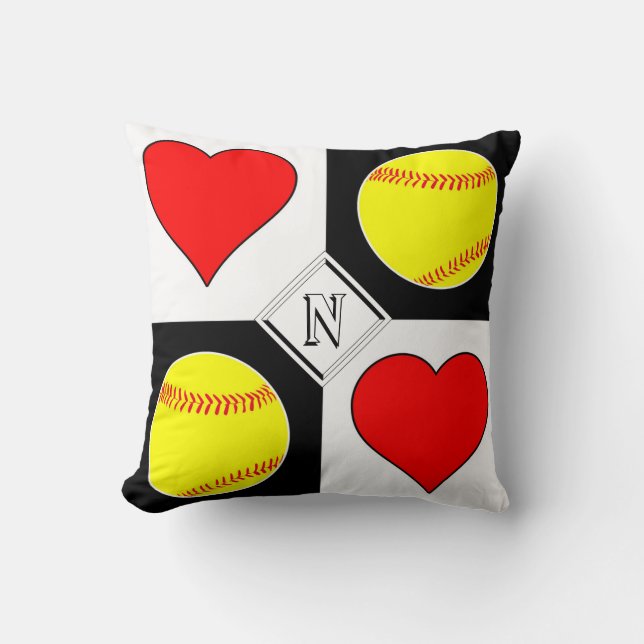 Custom Softball & Heart Square Checker Pattern Throw Pillow (Front)