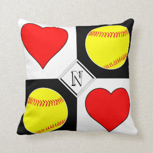 Custom Softball & Heart Square Checker Pattern Throw Pillow