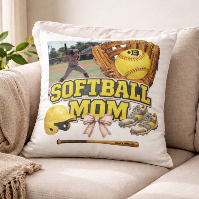 Custom Softball Mom Photo Collage Throw Pillow (Creator Uploaded)