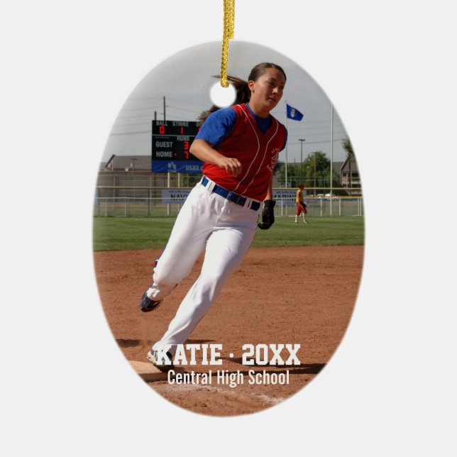 Custom Softball Photo Player Name, School Year Ceramic Ornament (Front)