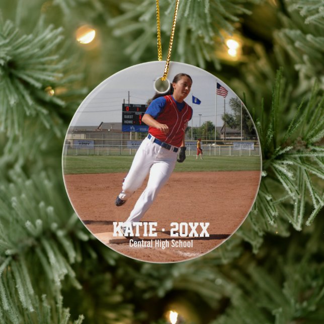 Custom Softball Photo Player Name, School Year Ceramic Ornament (Tree)