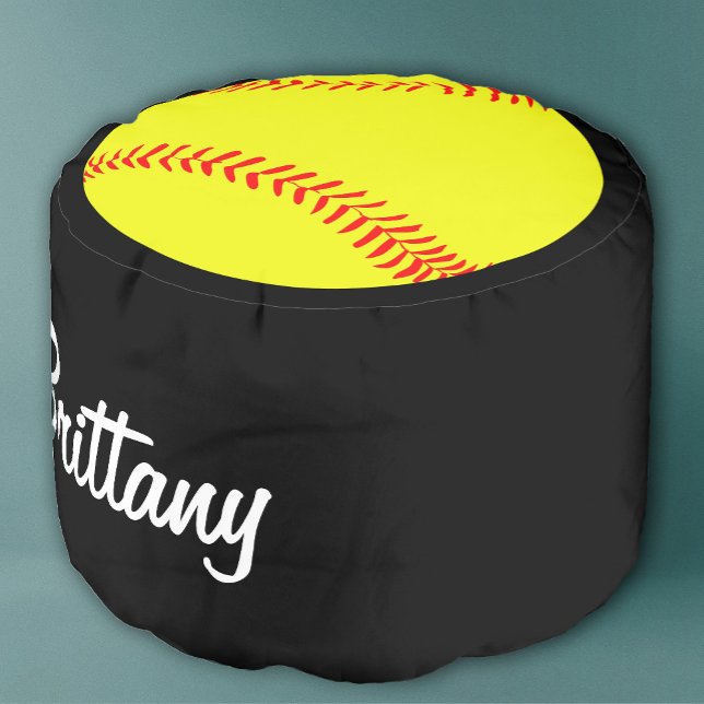 Custom Softball Round Pouf Beanbag Chair (Custom softball pouf with personalized name or text for fastpitch softball players and fans.)