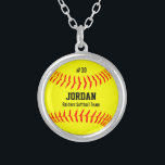 Custom Softball with Player Name, Number, Team Silver Plated Necklace<br><div class="desc">This cute necklace features a yellow softball with your player's name,  number and team name.  A perfect keepsake gift for your favorite player!  Check out our other softball themed gifts by clicking on the Colorfulgalshop logo below.</div>