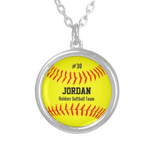 Custom Softball with Player Name Number Team Silver Plated Necklace