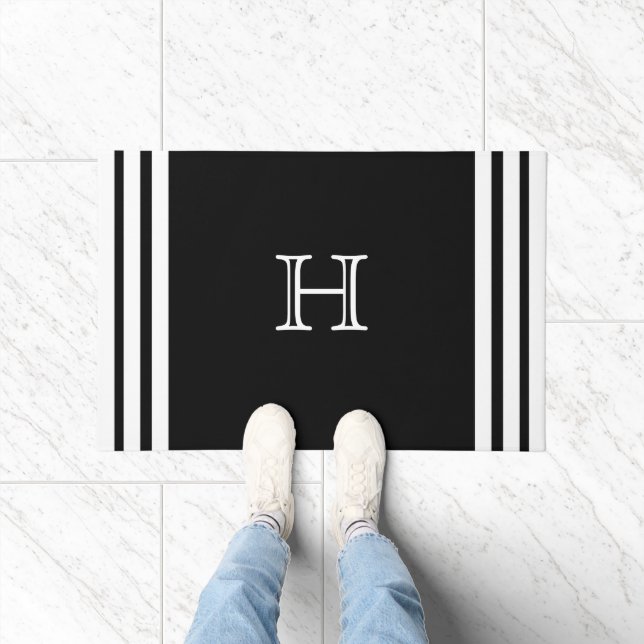 Custom Solid Black White stripe Elegant Nautical  Doormat (Indoor)