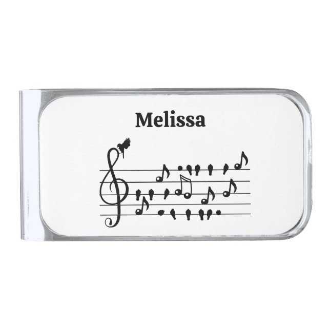 Custom Songbird Treble Clef Art Silver Finish Money Clip (Front)
