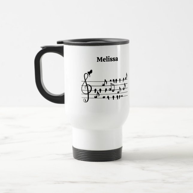 Custom Songbird Treble Clef Art Travel Mug (Left)