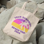 Custom Sorority Beach Trip Pink Palm Tree Tropical Tote Bag<br><div class="desc">Cool matching sorority girl tote bag for sororities to customize for an island cruise. Features a beautiful palm tree in front of a pretty pink and purple beach sunset. Cute custom bags for your summer reunion trip to the coast. Fun coastal design.</div>