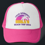 Custom Sorority Beach Trip Reunion Pink Palm Tree Trucker Hat<br><div class="desc">Cool matching sorority girl hats for sororities to customize and wear on an island cruise. Features a beautiful palm tree in front of a pretty pink and purple beach sunset. Cute custom caps for your summer reunion trip to the coast. Fun coastal design.</div>