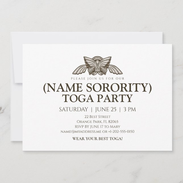 Custom Sorority Greek Toga Party Invitation (Front)