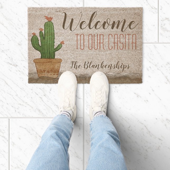 Custom Southwest Flowering Cactus Art WELCOME Fiber Doormat (Insitu)