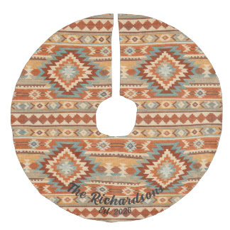 Custom Southwestern Kilim Ikat rug Christmas Faux Linen Tree Skirt