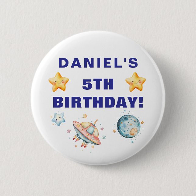 Custom Space-Themed Kids Birthday Party Button (Front)