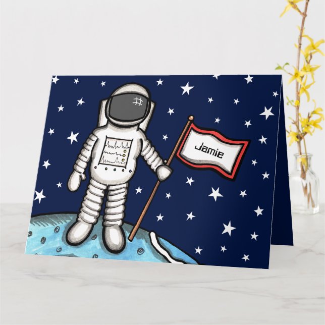 Custom Spaceman Astronaut Cosmonaut Birthday Card (Yellow Flower)