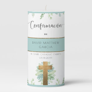 Custom Spanish, Boy/Girl Greenery Confirmation Pillar Candle