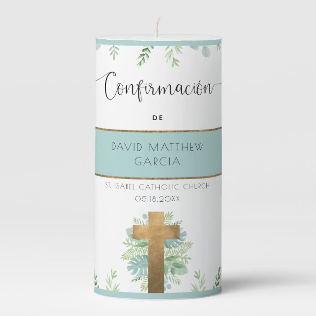 Custom Spanish, Boy/Girl Greenery Confirmation Pillar Candle (Front)