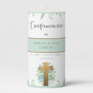 Custom Spanish, Boy/Girl Greenery Confirmation Pillar Candle