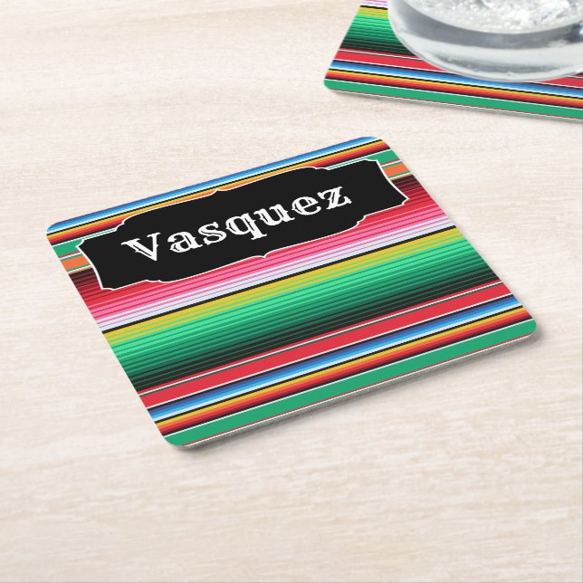Custom Spanish Serape Mexican Blanket Personalized Square Paper Coaster (Angled)