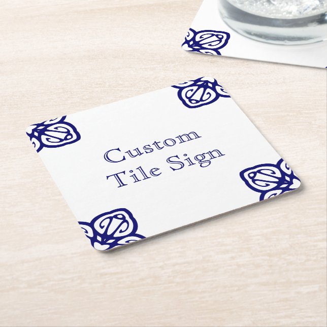 Custom Spanish Tile Sign -  White on Blue Square Paper Coaster (Angled)