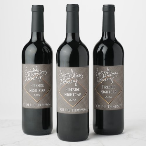 Custom Special Delivery Taupe Brown Weave Pattern Wine Label