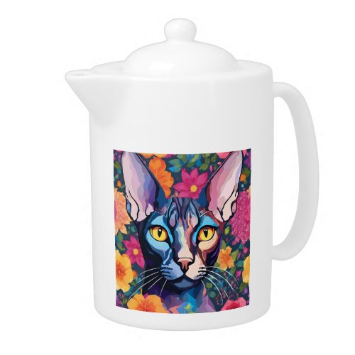 Custom Sphynx Cat Art Floral Teapot