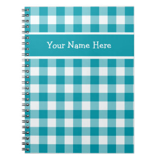 Custom Spiral Notebook, Teal Check Gingham Pattern Notebook