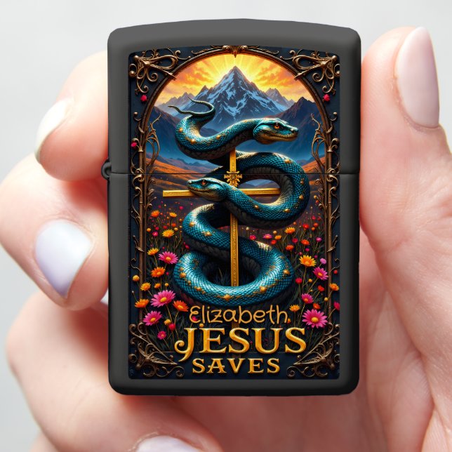 Custom Spiritual Keepsake: Double Serpent Cross Zippo Lighter (In Hand)