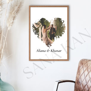 Custom splashed heart style couple Photo with name Framed Art