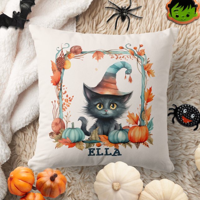 Custom Spooky Black Cat Witch Pumpkin Halloween Throw Pillow (Creator Uploaded)