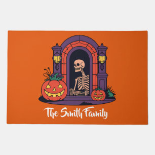 Custom Spooky Pumpkin Creepy Skeleton Halloween Doormat