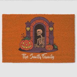 Custom Spooky Pumpkin Creepy Skeleton Halloween Fiber Doormat