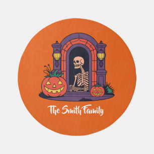 Custom Spooky Pumpkin Creepy Skeleton Halloween Outdoor Rug