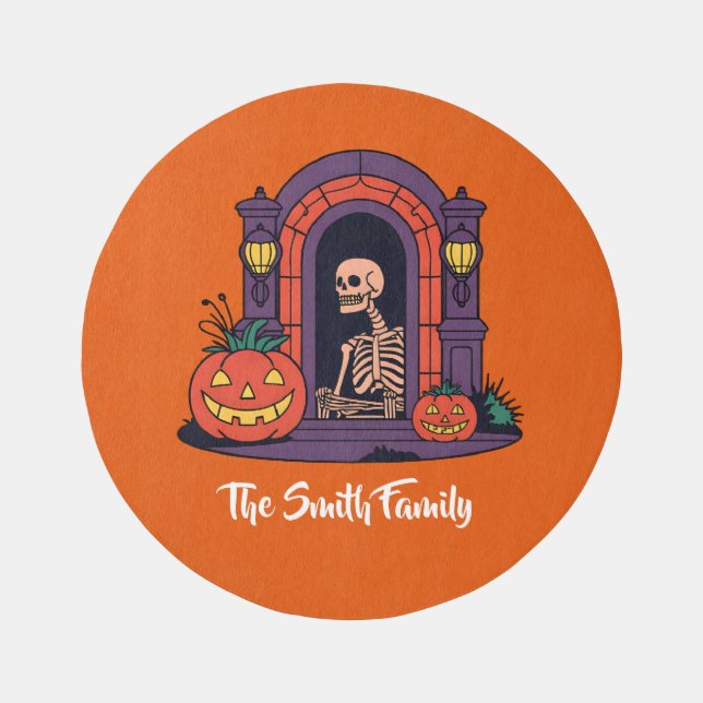 Custom Spooky Pumpkin Creepy Skeleton Halloween Outdoor Rug (Front)