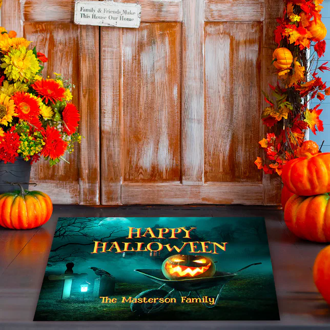 Custom Spooky Pumpkin Graveyard Happy Halloween Doormat Zazzle