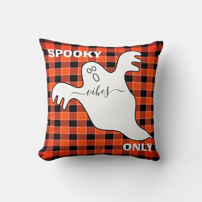Custom SPOOKY VIBES ONLY Ghost Fall Buffalo Plaid Throw Pillow (Front)