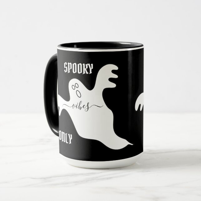 Custom SPOOKY VIBES ONLY Ghost Halloween Black Mug (Front Left)