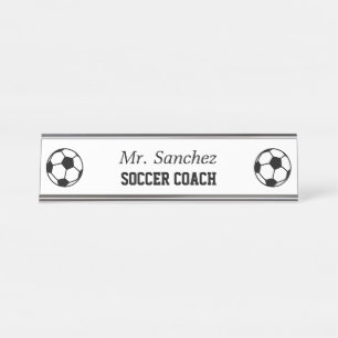 Custom sports coach black & white soccer ball logo desk name plate