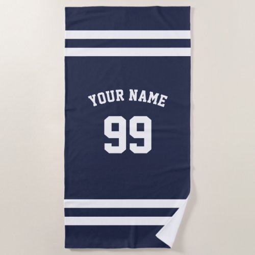 Custom sports football jersey number navy blue beach towel