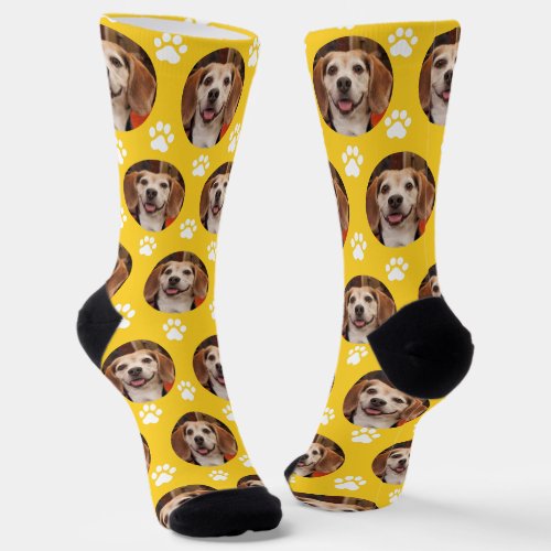 Custom Sporty Yellow Pet Photo Paw Prints Dog Cat  Socks