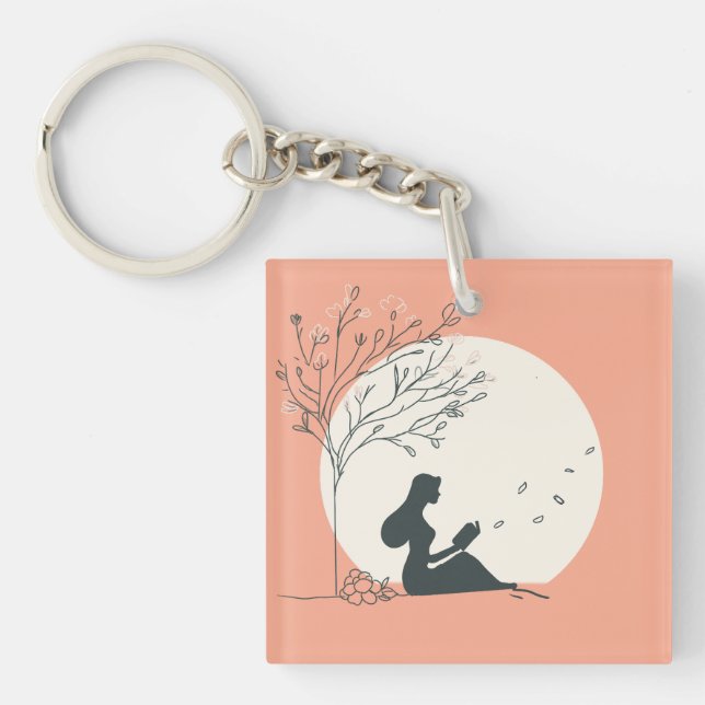 Custom Spring Aesthetic | Peaceful Girl Reading  Keychain (Front)