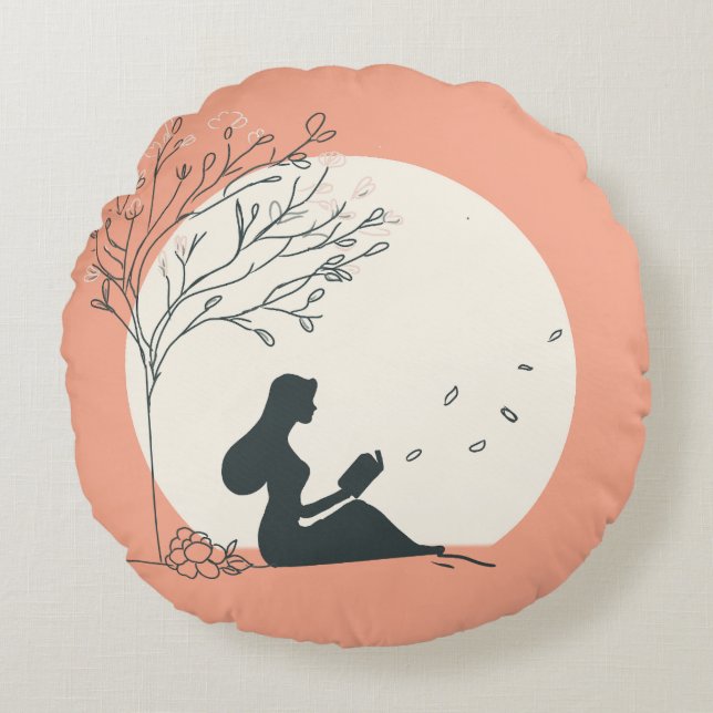 Custom Spring Aesthetic | Peaceful Girl Reading  Round Pillow (Front)