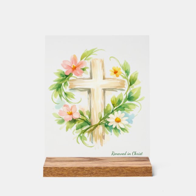 Custom Spring Cross Acrylic "Renewed in Christ" Sign (Front)
