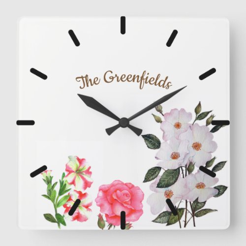 Custom Spring Flowers Floral Art Square Wall Clock