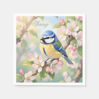 Custom Spring Party Blue Tit Bird on Apple Tree Napkins