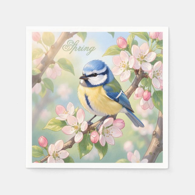 Custom Spring Party Blue Tit Bird on Apple Tree Napkins (Front)