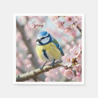 Custom Spring Party Blue Tit Bird on Cherry Tree Napkins